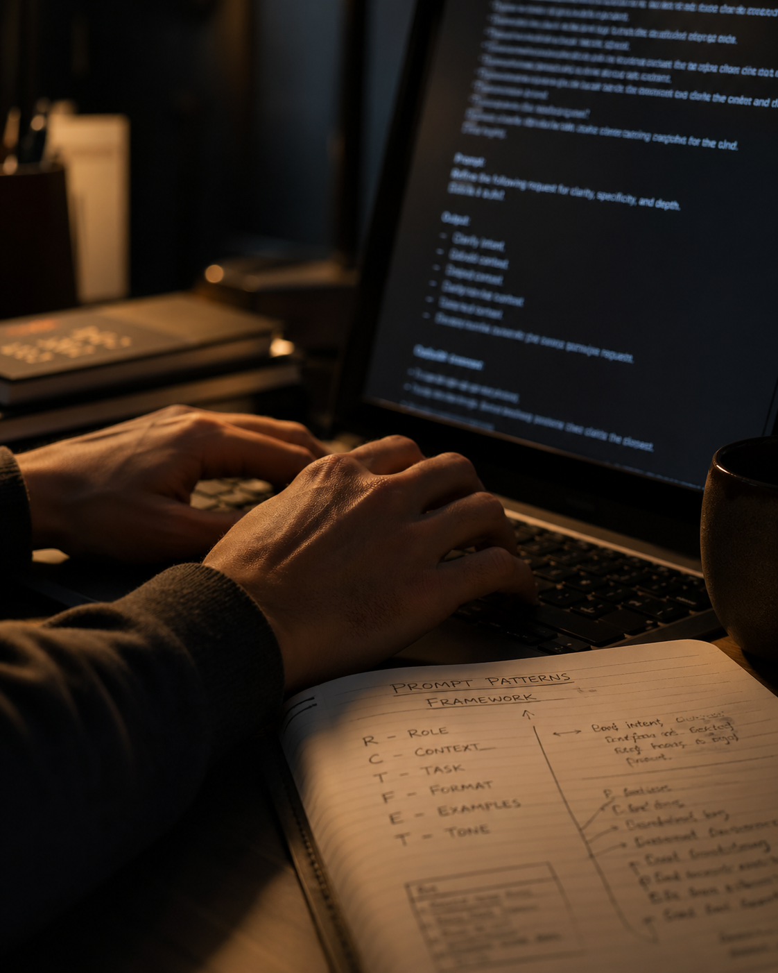 Hands at a keyboard with prompt engineering notes — RCTFET framework visible in notebook