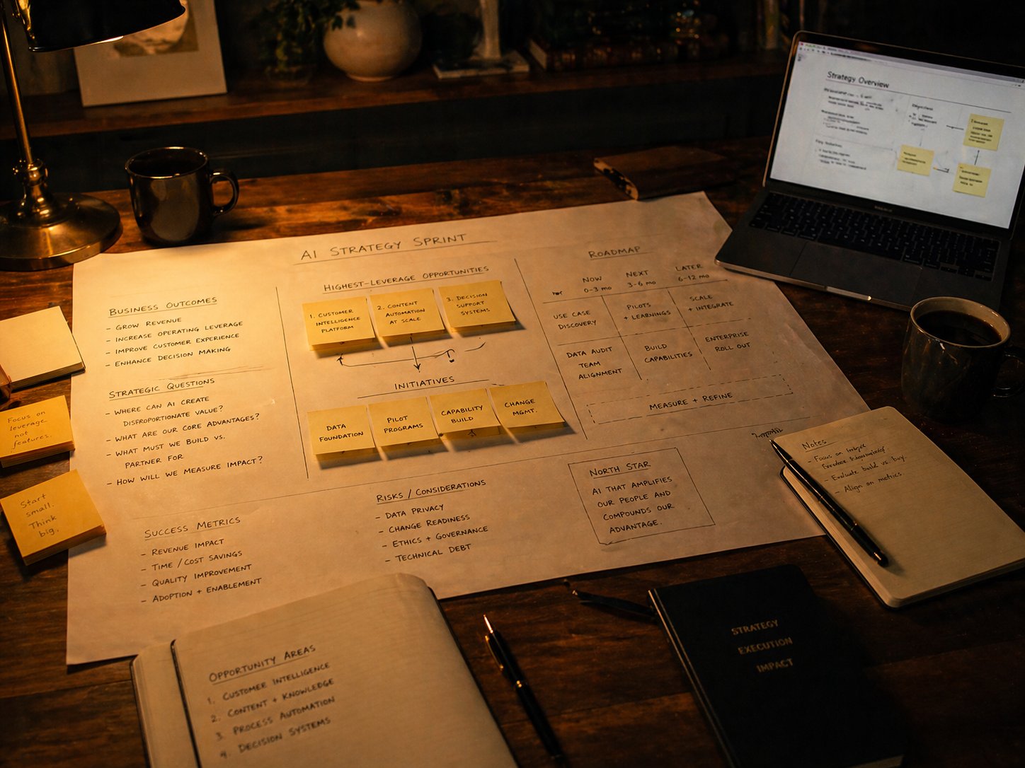 A working desk covered with an AI Strategy Sprint framework — handwritten roadmap, sticky notes, notebook with Strategy Execution Impact, warm tungsten lighting