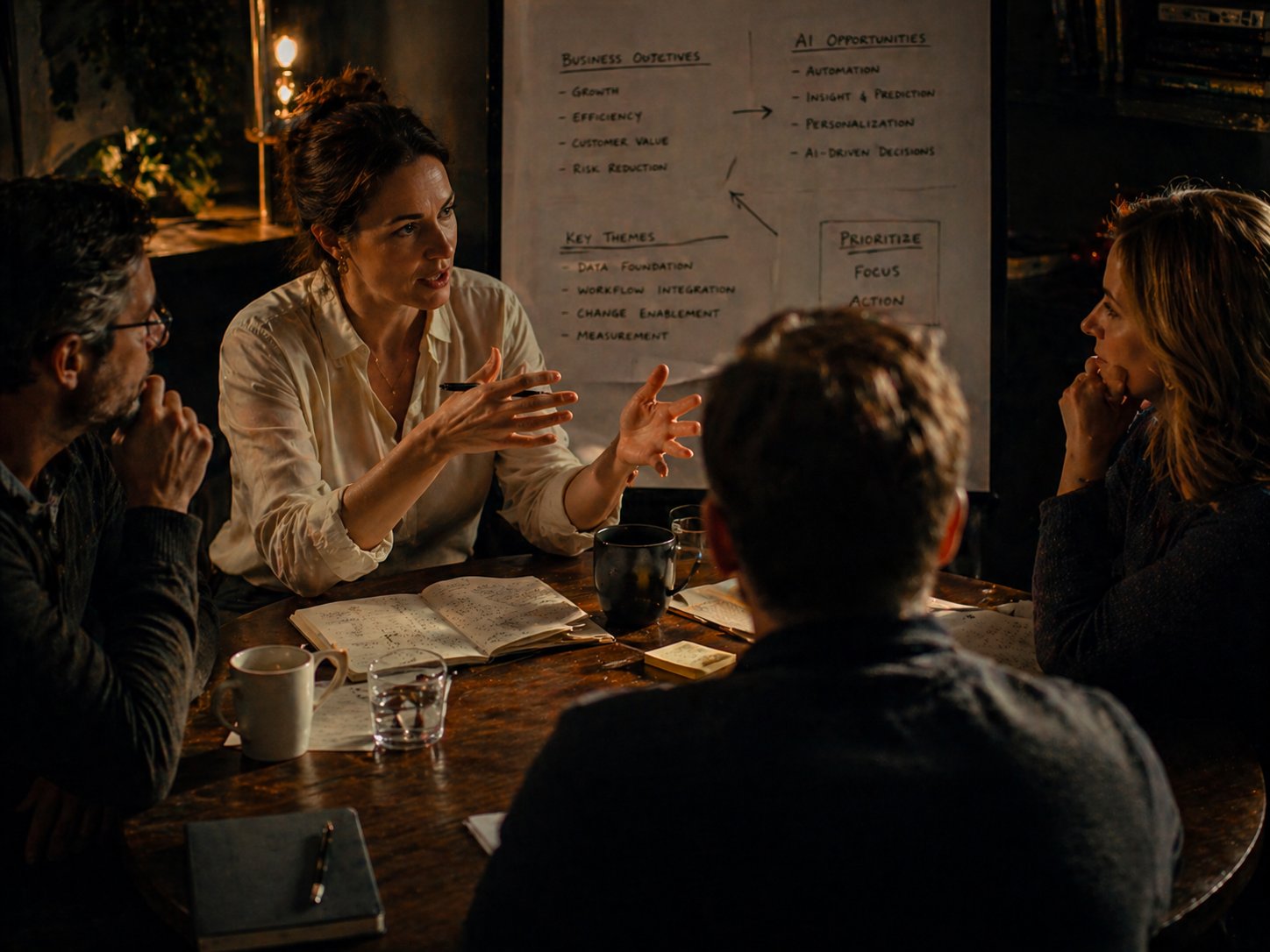 A workshop in motion — facilitator mid-explanation with the AI Opportunity Framework visible on a flip chart, attendees engaged with notebooks and notes